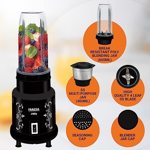 INALSA Nutri Mixer - Jiffy| Grinder & Blender | Powerful 400W Motor | 2 Speed | Unbreakable Blender Jar | Stainless steel | SS Blades | Multipurpose Jar| Made in India | 1 year Warranty | Black INALSA Nutri Mixer - Jiffy| Grinder & Blender | Powerful 400W Motor | 2 Speed | Unbreakable Blender Jar | Stainless steel | SS Blades | Multipurpose Jar| Made in India | 1 year Warranty | Black